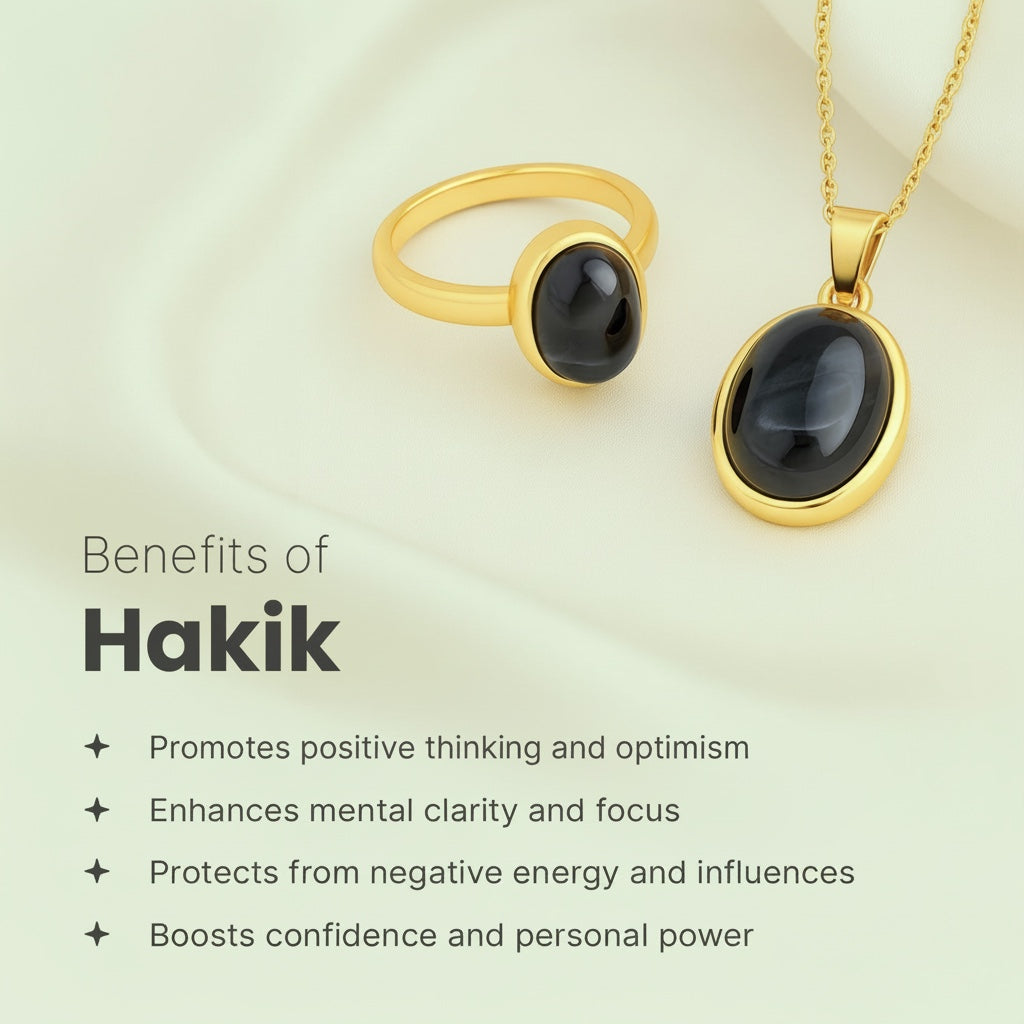 VASTUKOSHA Sulemani Hakik black agate gemstone ring and pendant set in gold, displayed on a soft cream background.