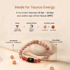 VASTUKOSHA Taurus zodiac bracelet featuring sunstone and carnelian beads with a central Taurus symbol charm