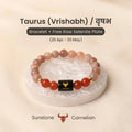 VASTUKOSHA Taurus zodiac bracelet featuring sunstone and carnelian beads with a black Taurus symbol charm on selenite.