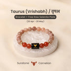 VASTUKOSHA Taurus zodiac bracelet featuring sunstone and carnelian beads with a black Taurus symbol charm on selenite.