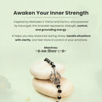 VASTUKOSHA Mahadev Trishul and Damru bracelet with black Karungali beads and oxidised silver finish on smooth stones.