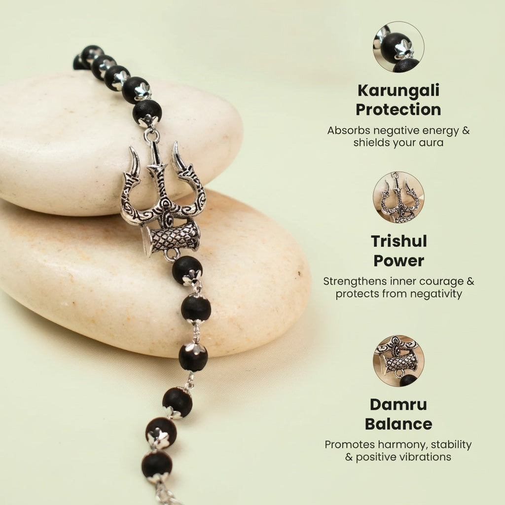 VASTUKOSHA Mahadev Trishul Damru Karungali Kavach bracelet with black ebony beads and oxidised silver Shiva symbols.