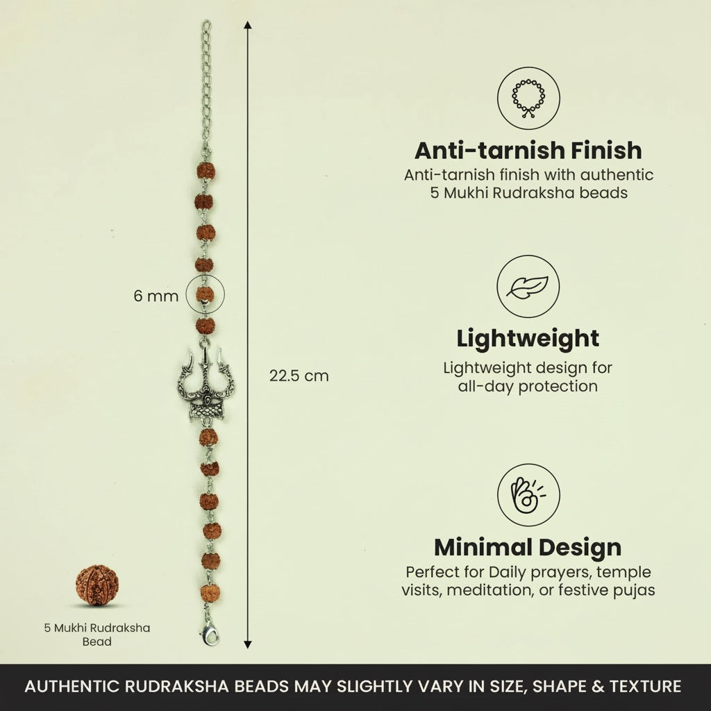 VASTUKOSHA Mahadev Trishul and Damru bracelet with 5 Mukhi Rudraksha beads and oxidised silver anti-tarnish finish.