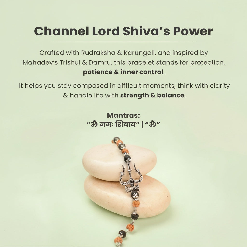 VASTUKOSHA Mahadev Trishul and Damru bracelet with 5 Mukhi Rudraksha and black Karungali beads on smooth stones