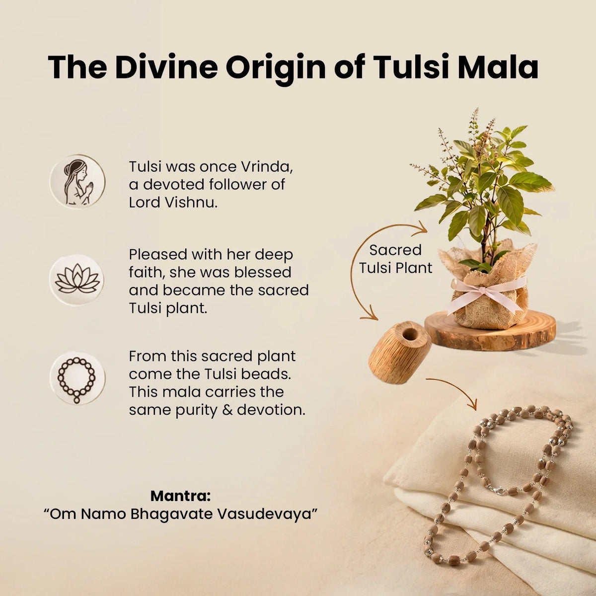 VASTUKOSHA Vishnu Tulsi Mala featuring natural wood beads and silver-plated caps, displayed with a sacred Tulsi plant.