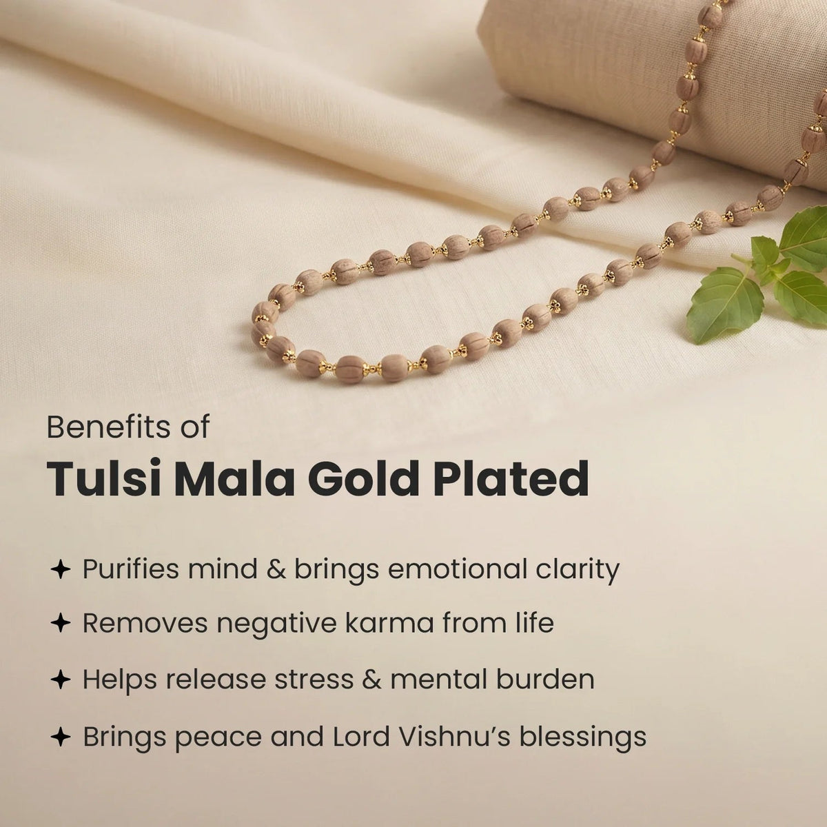 VASTUKOSHA Tulsi Mala with natural wood beads and gold-plated anti-tarnish caps for meditation and prayer