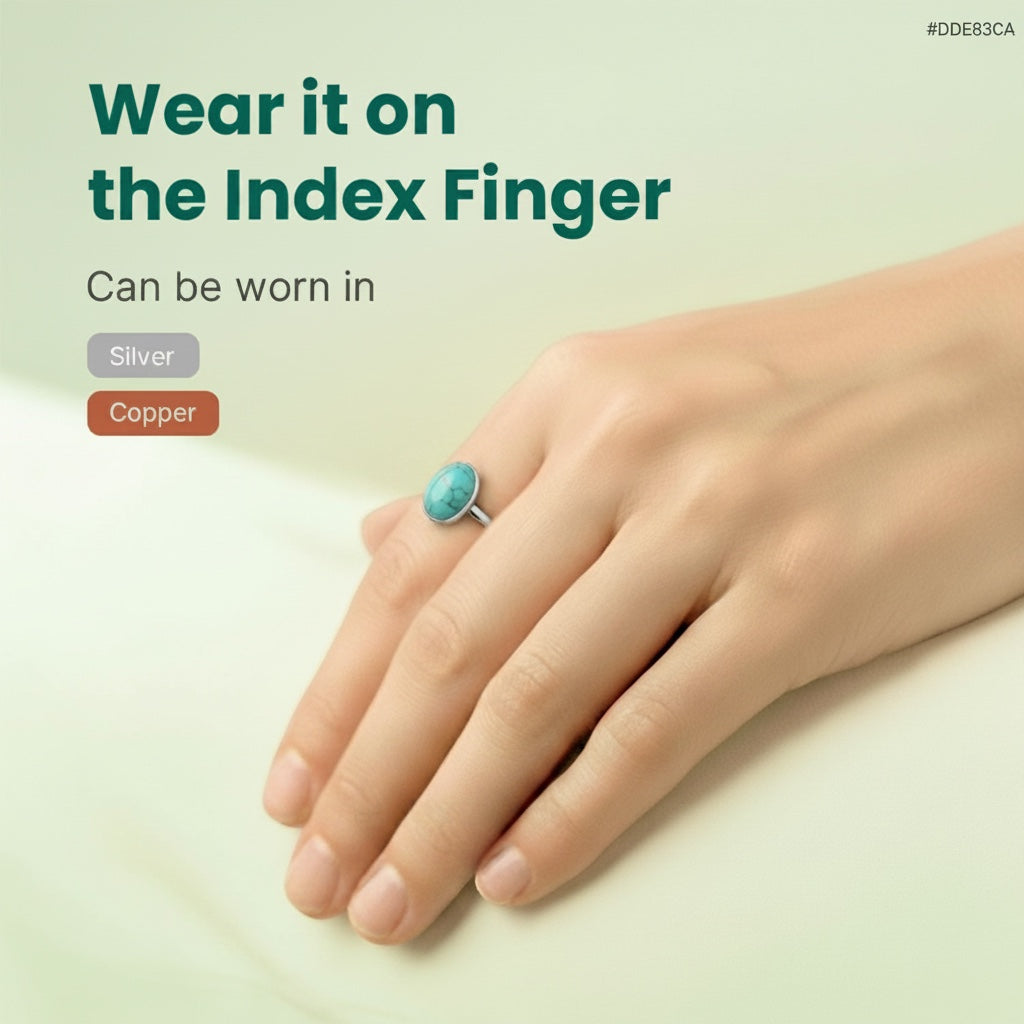 VASTUKOSHA turquoise gemstone ring worn on a finger, suitable for silver or copper settings for spiritual practice.