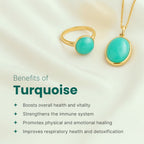 VASTUKOSHA turquoise gemstone ring and pendant necklace set in gold, displayed on a soft white fabric background.