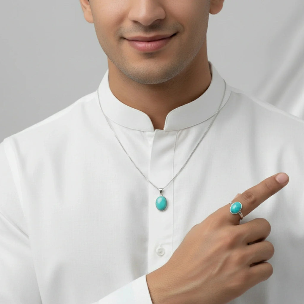 VASTUKOSHA turquoise gemstone pendant necklace and matching ring worn by a man in a white kurta