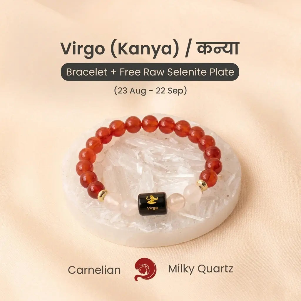 VASTUKOSHA Virgo zodiac bracelet featuring orange carnelian and milky quartz beads on a raw selenite cleansing plate.