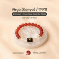 VASTUKOSHA Virgo zodiac bracelet featuring orange carnelian and milky quartz beads on a raw selenite cleansing plate.