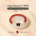 VASTUKOSHA Virgo zodiac bracelet featuring orange carnelian and milky quartz beads on a raw selenite cleansing plate.