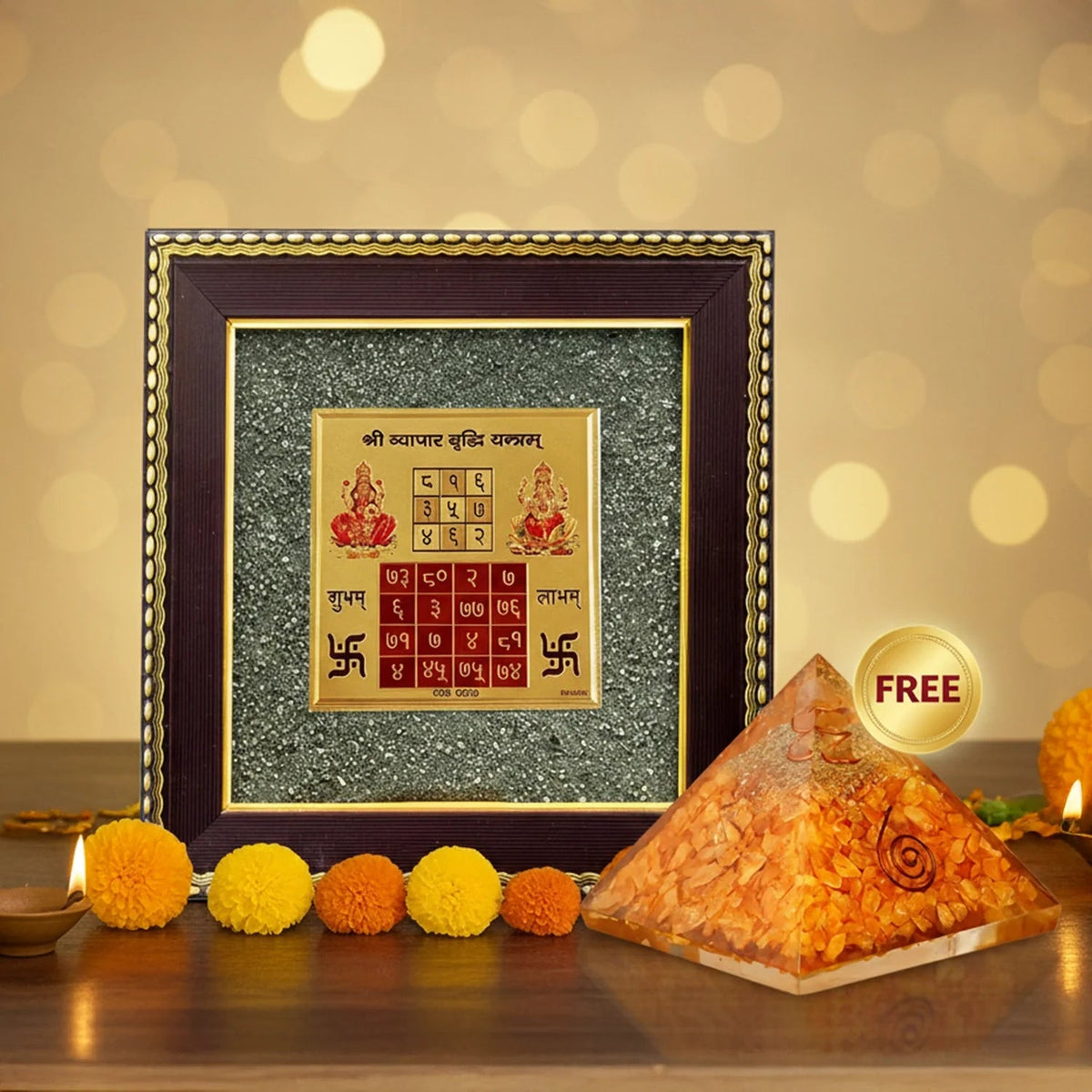 VASTUKOSHA Vyapar Vriddhi Yantra framed on pyrite with a citrine pyramid for business growth and prosperity.