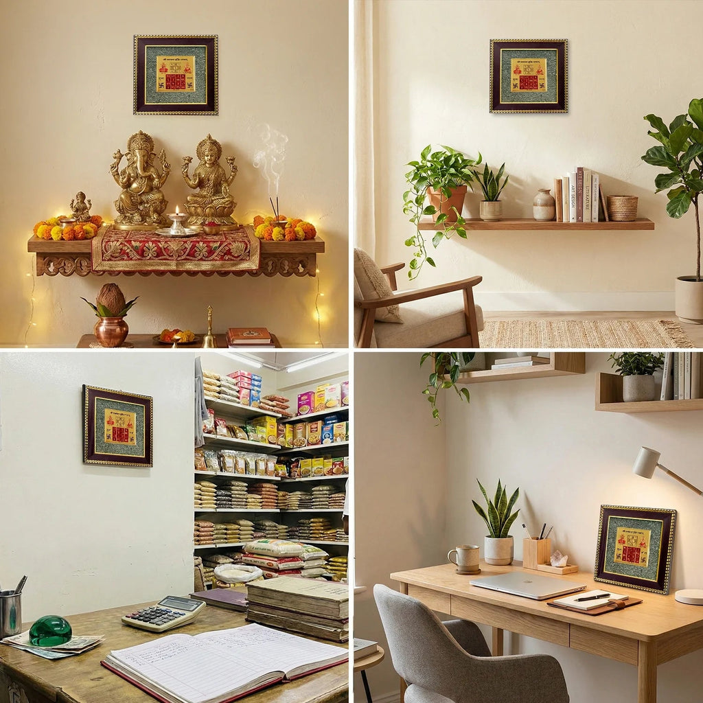 VASTUKOSHA Vyapar Vriddhi Yantra framed with raw pyrite, displayed in various office, shop, and home altar settings.