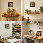 VASTUKOSHA Vyapar Vriddhi Yantra framed with raw pyrite, displayed in various office, shop, and home altar settings.
