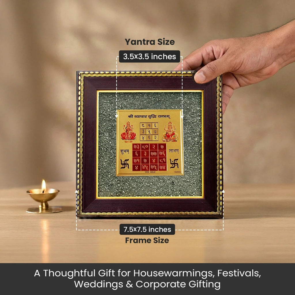 VASTUKOSHA Vyapar Vriddhi Yantra on a raw pyrite frame, held by hand, designed for business growth and prosperity.
