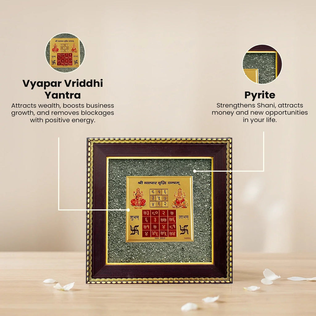 VASTUKOSHA Vyapar Vriddhi Yantra framed with raw pyrite for business prosperity and positive energy in offices.