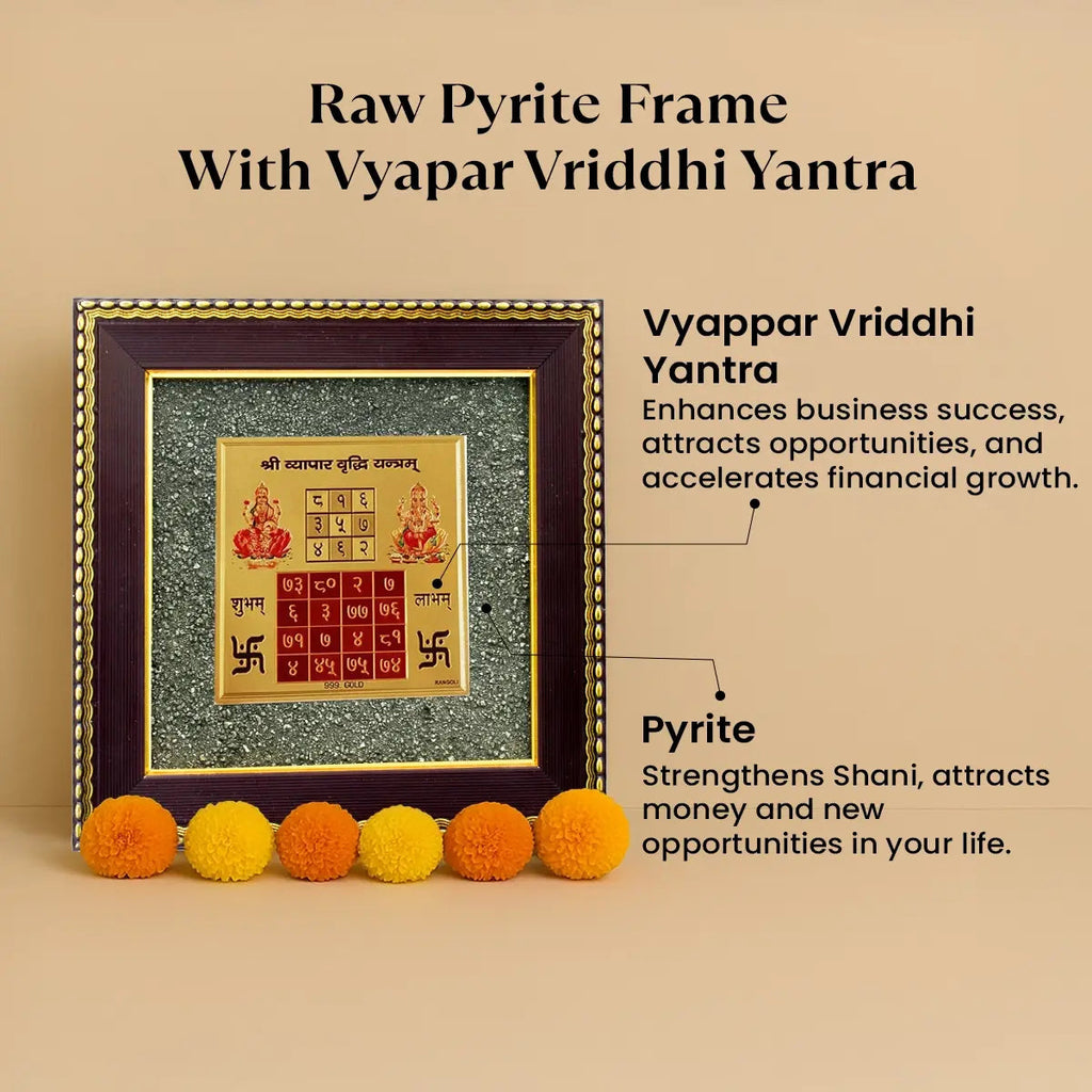 VASTUKOSHA Vyapar Vriddhi Yantra framed in raw pyrite for business growth and prosperity, decorated with marigold flowers.