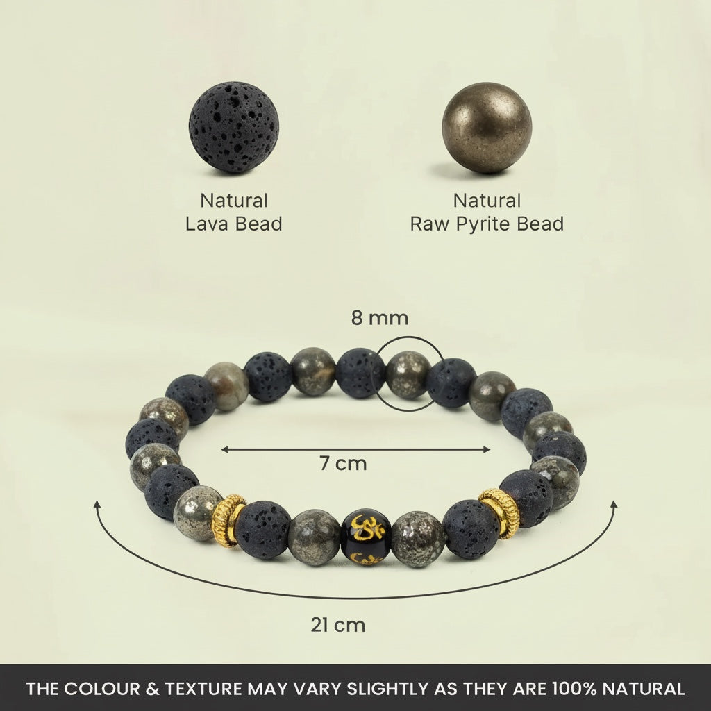 VASTUKOSHA Wealth OM bracelet featuring raw pyrite and black lava beads with a central Om symbol and gold-tone spacers.
