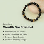 VASTUKOSHA Wealth OM bracelet featuring raw pyrite and black lava beads with a sacred Om symbol on a stone surface