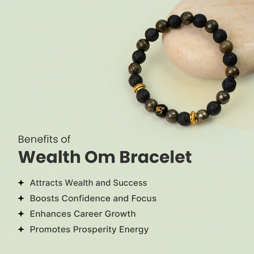 VASTUKOSHA Wealth OM bracelet featuring raw pyrite and black lava beads with a sacred Om symbol on a stone surface