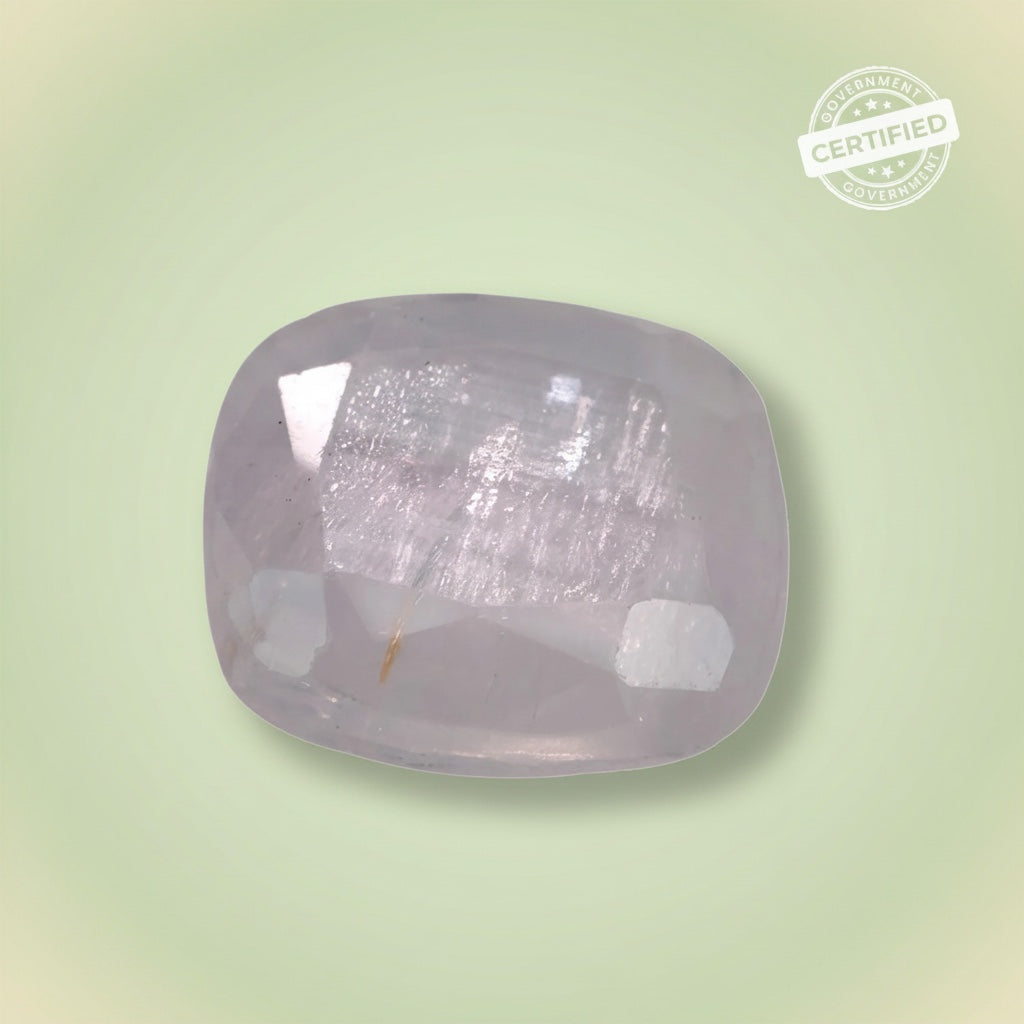 VASTUKOSHA White Pukhraj gemstone featuring a clear, faceted white sapphire for traditional Jyotish practice.