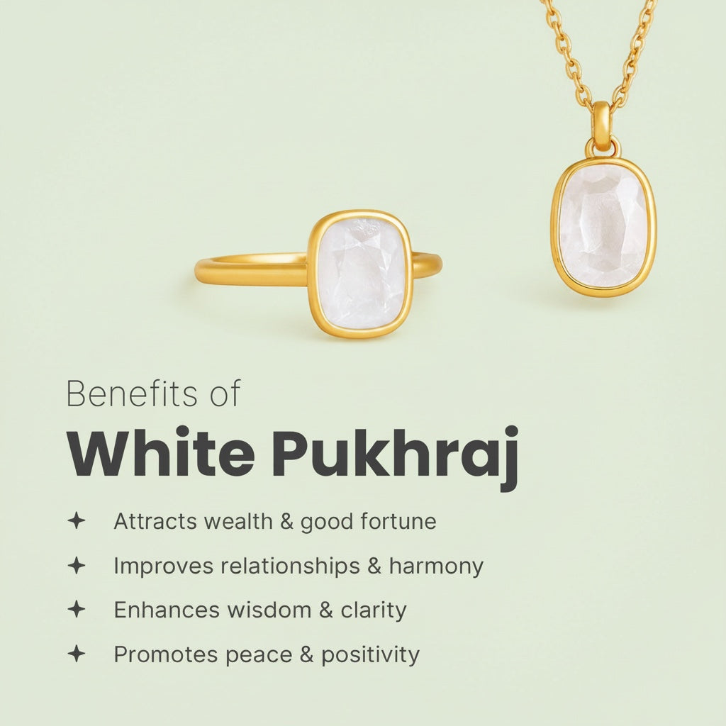VASTUKOSHA White Pukhraj gemstone ring and pendant set in gold, featuring clear white sapphire for spiritual practice.