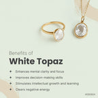 VASTUKOSHA white topaz gold ring and pendant set on a light background with spiritual benefit text