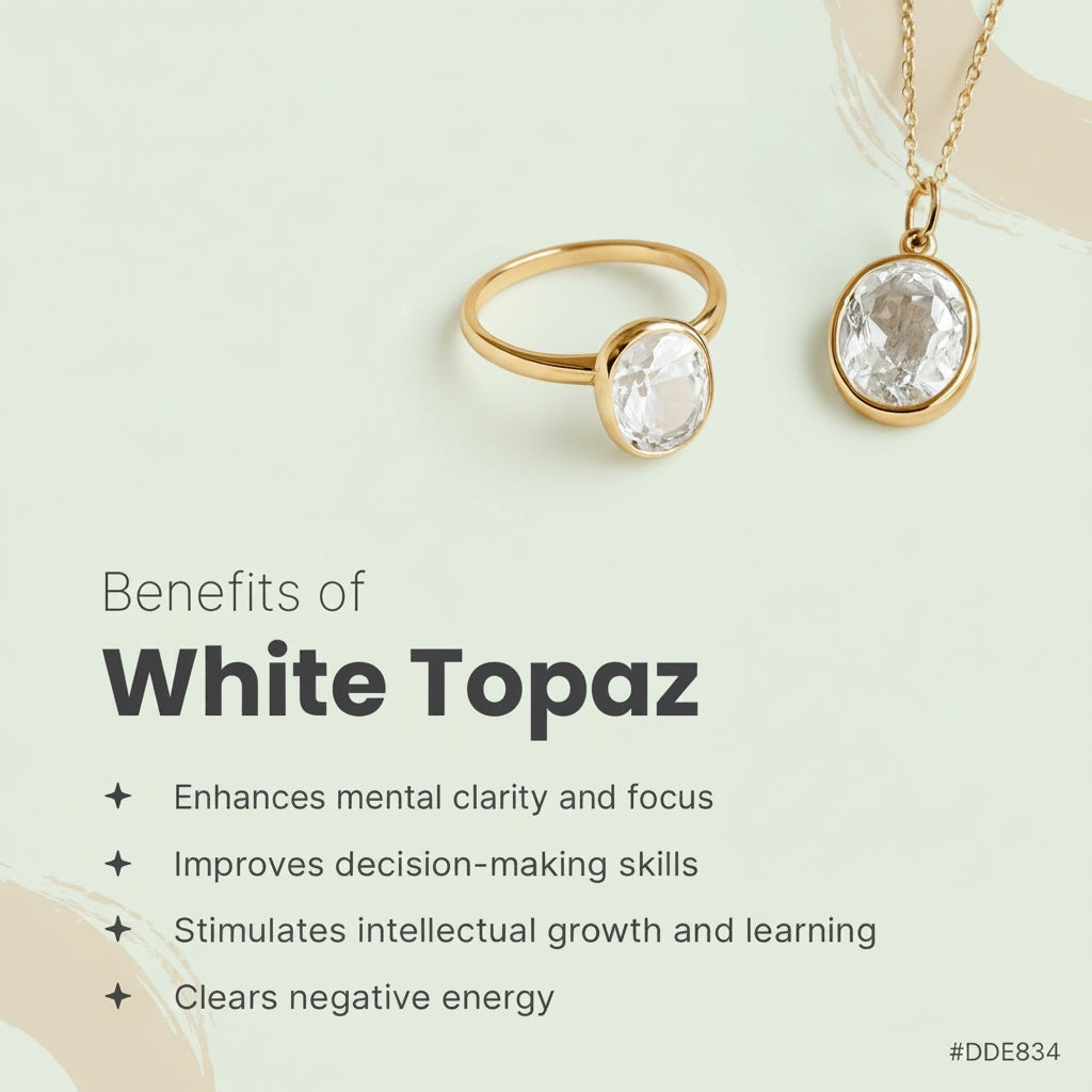 VASTUKOSHA white topaz gold ring and pendant set on a light background with spiritual benefit text