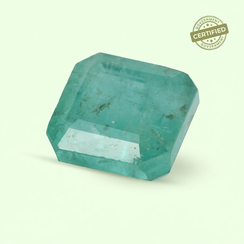 VASTUKOSHA Zambian emerald gemstone with a vibrant green hue and natural inclusions, certified for astrological use.